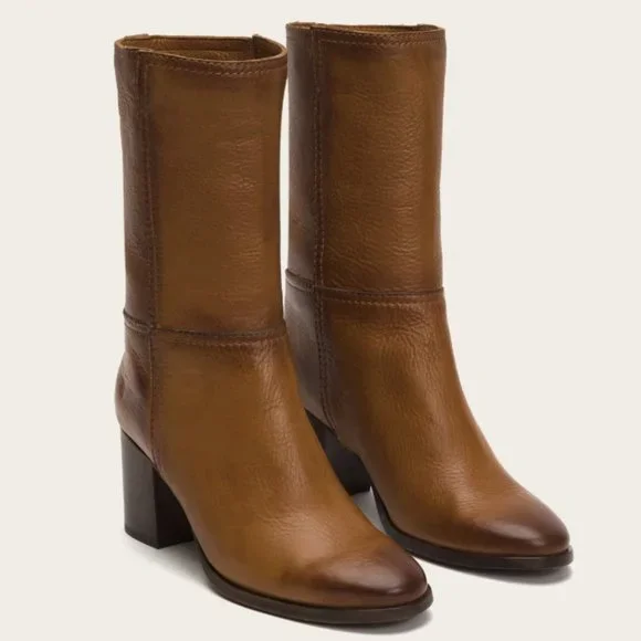 $399 Frye Nora Mid Calf Pull On Cognac Leather Heeled Fall/Winter Ankle Bootie - Picture 3 of 14